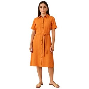 PEOPLE TREE Leanora 100% linen midi button front shirt dress in orange size 6